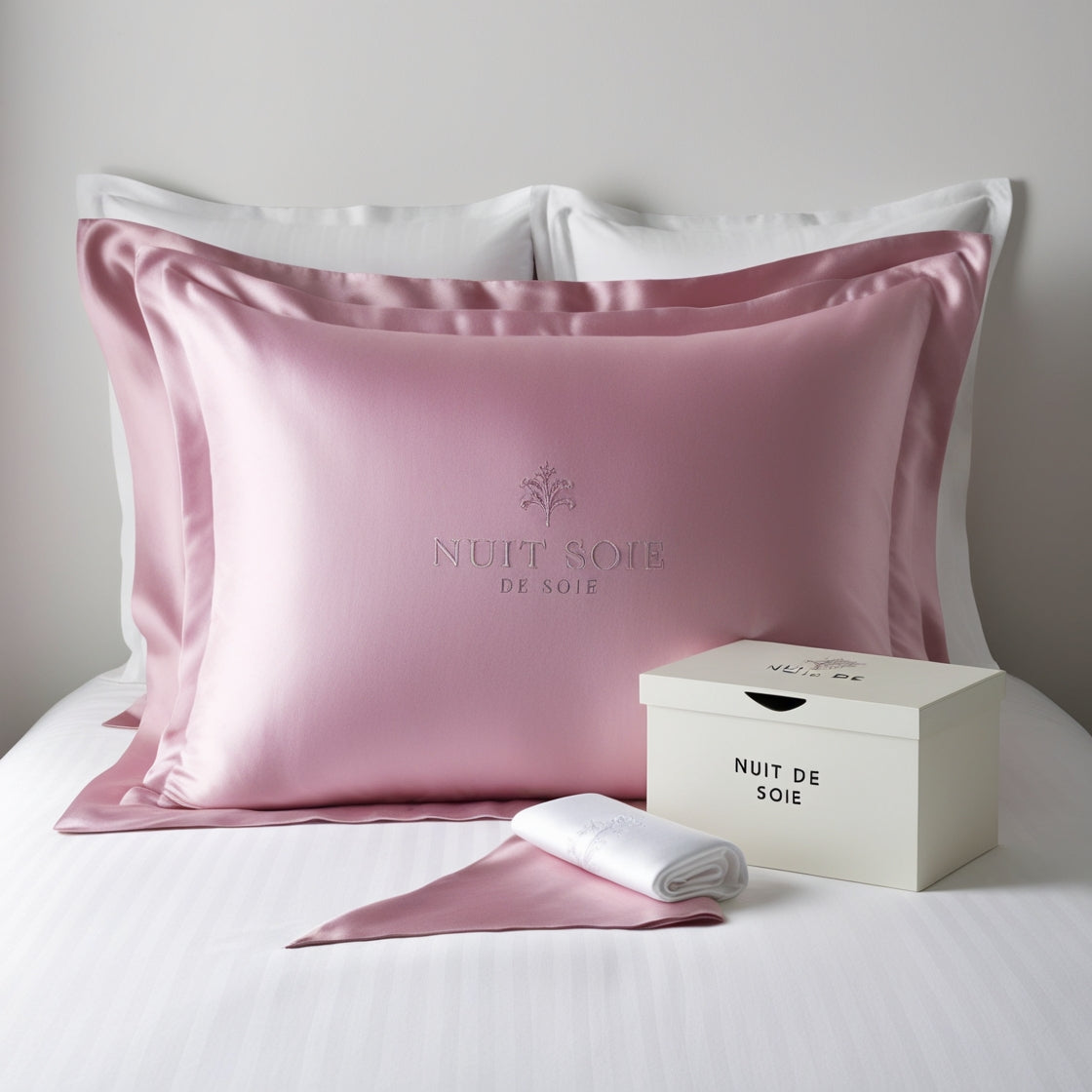 Taie d’oreiller en soie naturelle blanche posée sur un lit, idéale pour préserver la peau et les cheveux tout en offrant un confort luxueux